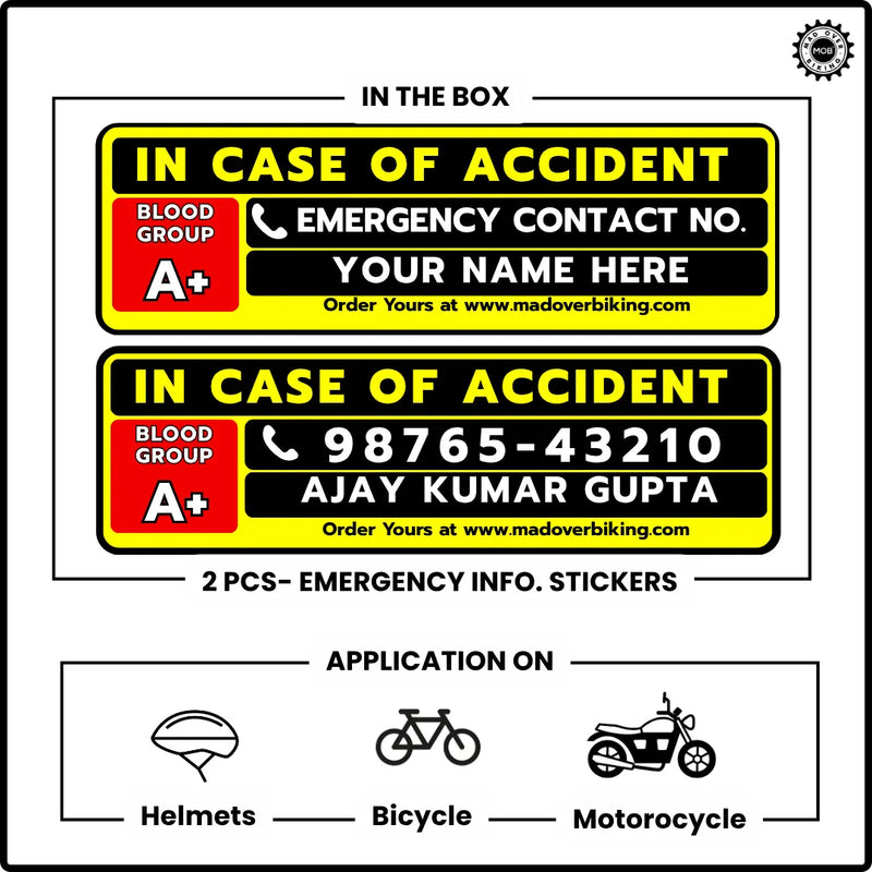 Load image into Gallery viewer, Emergency Information Sticker - Customized with Name, Blood Group & Contact (set of 2) - MADOVERBIKING -  MADOVERBIKING