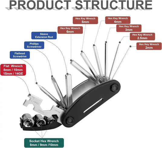 Multi Tool-Kit | 16 in 1 - Screwdrivers, 2-10mm Hex keys, Spoke Wrench (Stainless Steel) - MADOVERBIKING