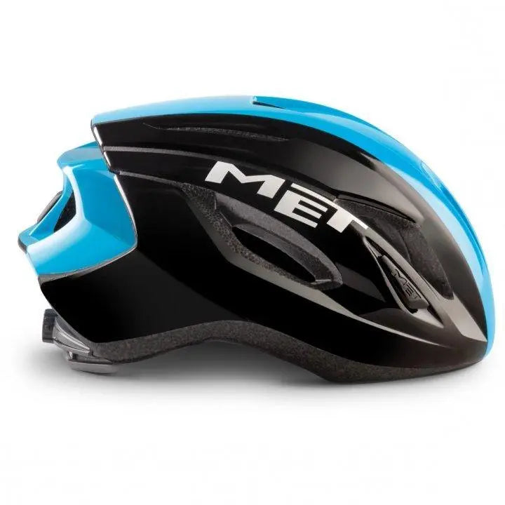 Load image into Gallery viewer, Met Strale Ce Road Cycling Helmet (Black Cyan Panel/Glossy)