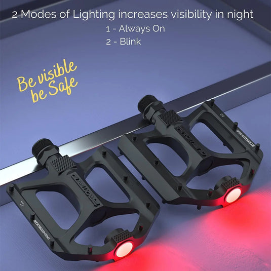 Promend Aluminium Alloy Du Bearing Lightweight Bicycle Pedals With Wide Platform, 16 Anti-Skid Pins For Road Mountain Bmx Mtb Bike (With Safety Light)