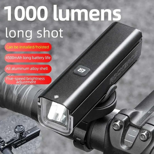 Rockbros Bike Light 1000 Lumens USB Rechargeable Bike Headlight Led IPX6 Waterproof Bike Front Light 5 Modes Aluminum Alloy Super Bright Bike Light for Night Riding