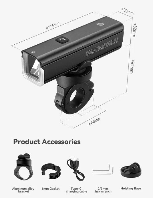 Rockbros Bike Light 1500Lumens USB Rechargeable Bike Headlight Led IPX6 Waterproof Bike Front Light 5 Modes Aluminum Alloy Super Bright Bike Light for Night Riding