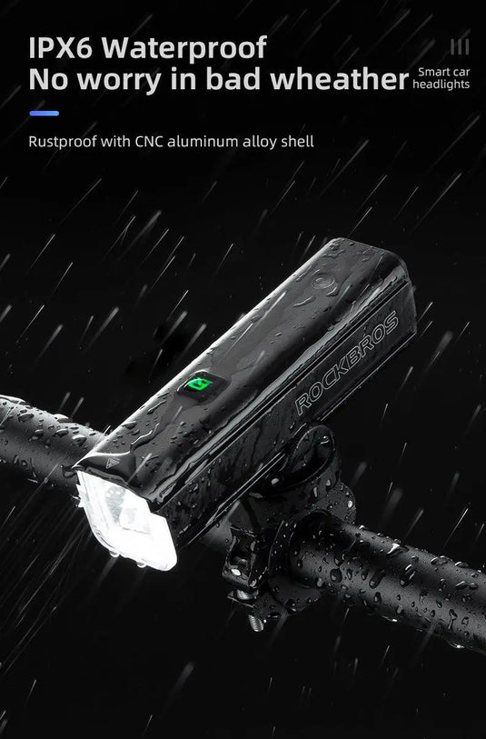 Rockbros Bike Light 1500Lumens USB Rechargeable Bike Headlight Led IPX6 Waterproof Bike Front Light 5 Modes Aluminum Alloy Super Bright Bike Light for Night Riding