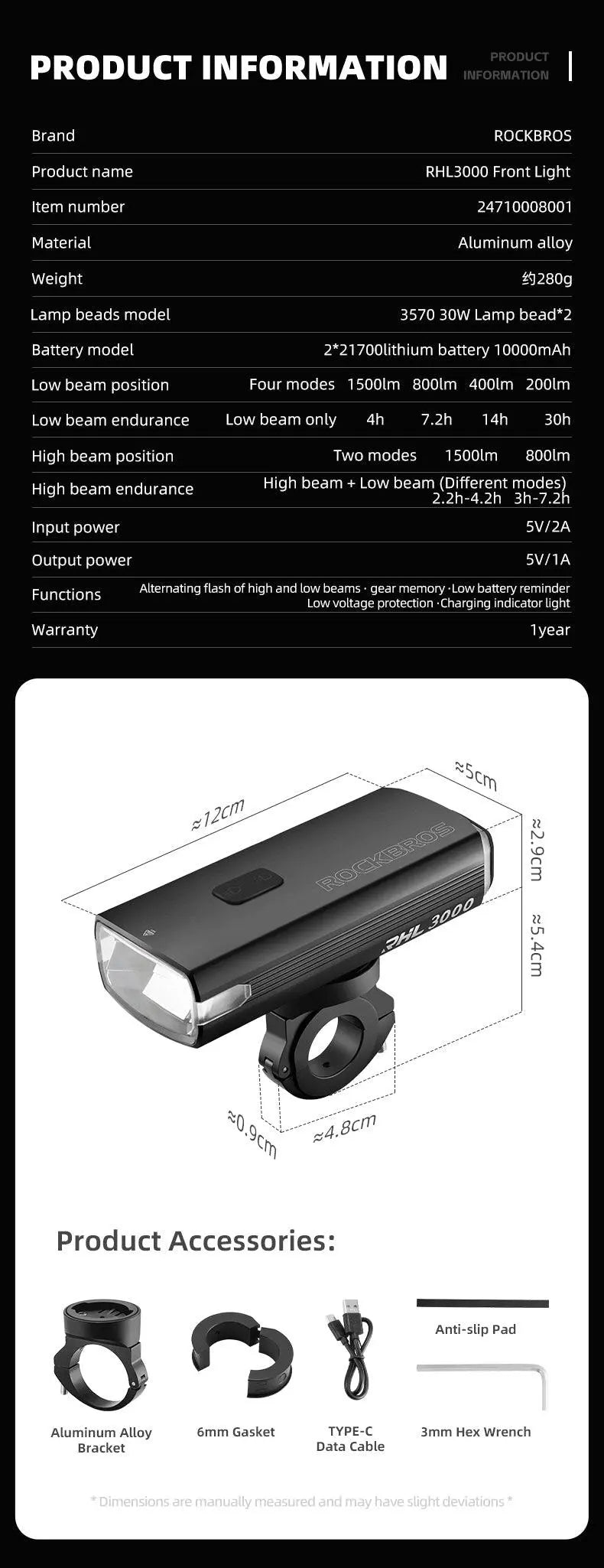 Load image into Gallery viewer, Rockbros Bike Light 3000 Lumens USB Rechargeable Bike Headlight Led IPX6 Waterproof Bike Front Light 5 Modes Aluminum Alloy Super Bright Bike Light for Night Riding