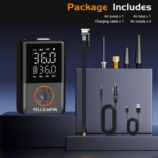 Portable Electric Pump | YELLOWFIN - 150 psi, 4000 MAh Battery, Presta/Schrader, Auto-Cut, LED/Power Bank - MADOVERBIKING