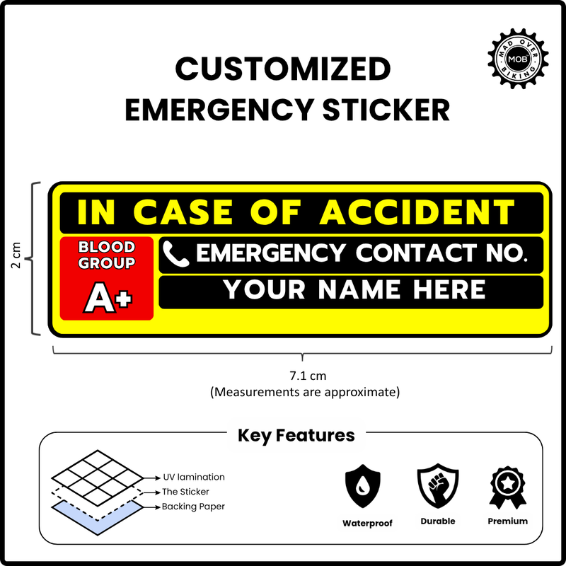 Load image into Gallery viewer, Emergency Information Sticker - Customized with Name, Blood Group &amp; Contact (set of 2) - MADOVERBIKING -  MADOVERBIKING
