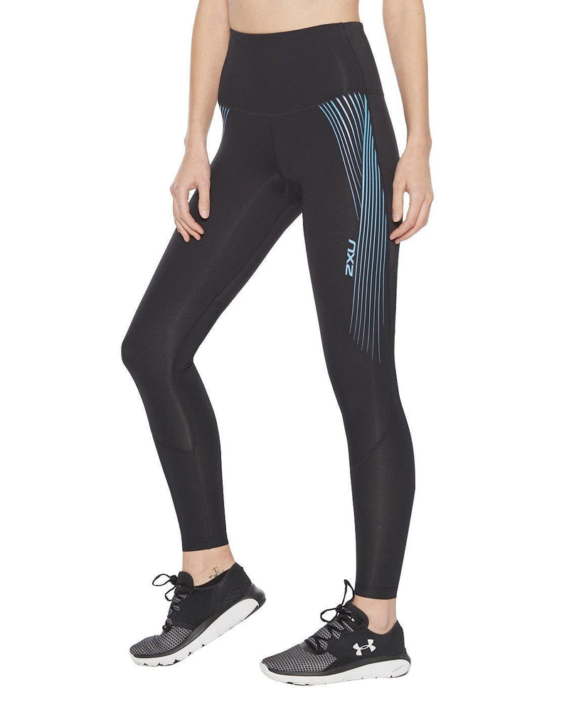 Load image into Gallery viewer, 2XU Women Hi-Rise Compression Tights - (Black/Teal Chrome Lines) - MADOVERBIKING
