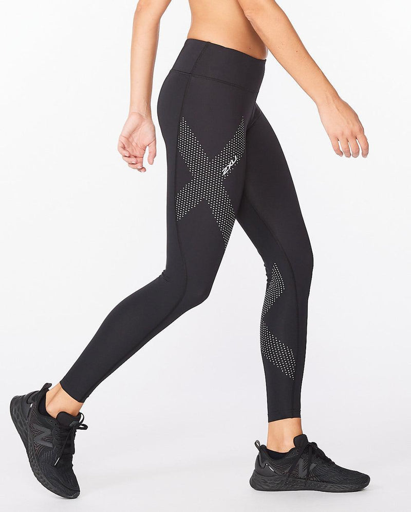 Load image into Gallery viewer, 2XU Women Mid-Rise Compression Tight-Black/Dotted Reflective Logo - MADOVERBIKING
