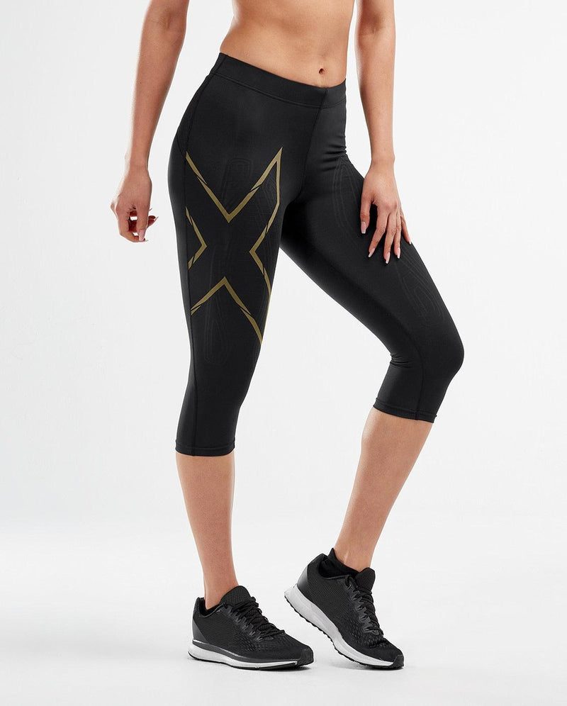 Load image into Gallery viewer, 2XU Womens MCS Run Compression 3/4 Tights - (Black/Gold Reflective) - MADOVERBIKING
