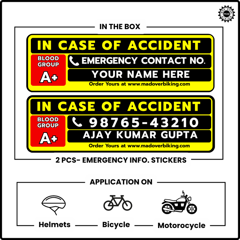 Load image into Gallery viewer, Emergency Information Sticker - Customized with Name, Blood Group &amp; Contact (set of 2) - MADOVERBIKING -  MADOVERBIKING
