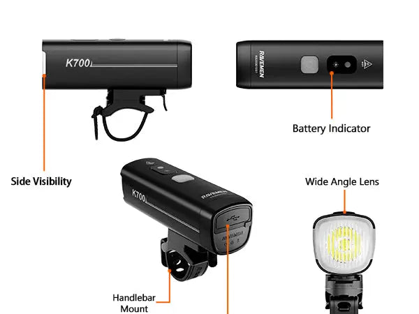 Load image into Gallery viewer, RAVEMEN FRONT LIGHT | K700 - 700 LUMENS, UPTO 28 HR BATTERY RAVEMEN MADOVERBIKING
