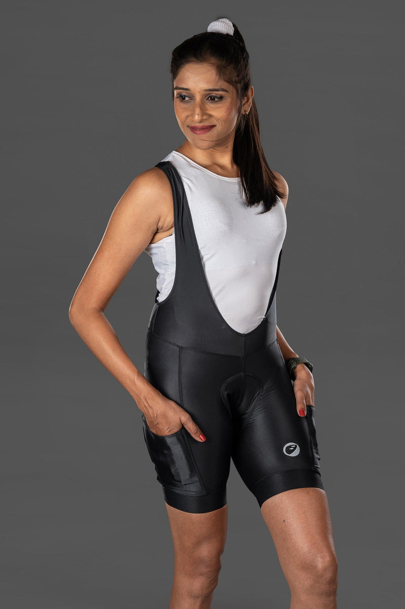 Load image into Gallery viewer, Women&#39;s Explore Black Cycling Bib Shorts
