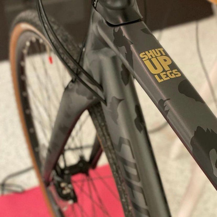 Load image into Gallery viewer, SHUT UP LEGS! Jens Voight Motivational Bike Top Tube Premium Vinyl Sticker (Set of 2)
