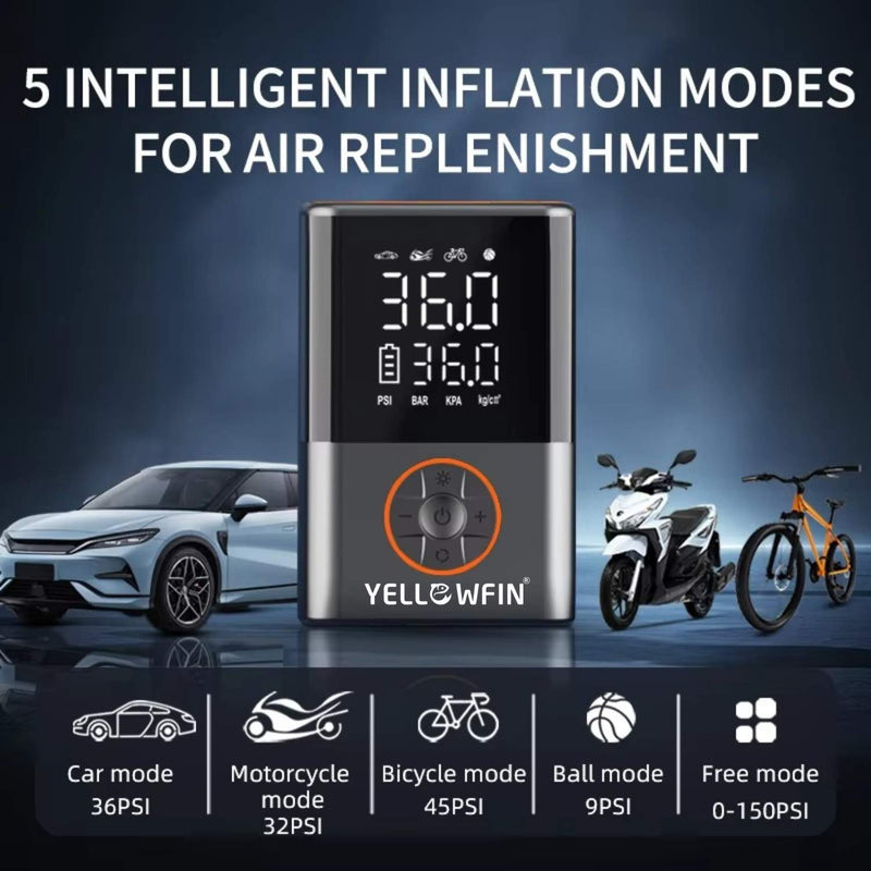 Load image into Gallery viewer, Portable Electric Pump | YELLOWFIN - 150 psi, 4000 MAh Battery, Presta/Schrader, Auto-Cut, LED/Power Bank - MADOVERBIKING
