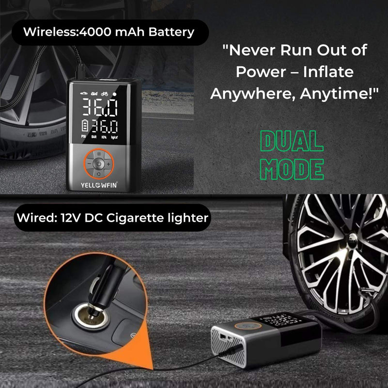 Load image into Gallery viewer, Portable Electric Pump | YELLOWFIN - 150 psi, 4000 MAh Battery, Presta/Schrader, Auto-Cut, LED/Power Bank - MADOVERBIKING
