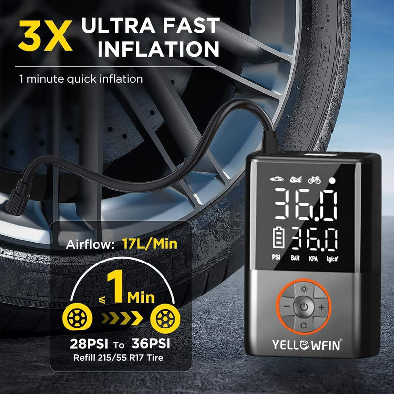 Load image into Gallery viewer, Portable Electric Pump | YELLOWFIN - 150 psi, 4000 MAh Battery, Presta/Schrader, Auto-Cut, LED/Power Bank - MADOVERBIKING
