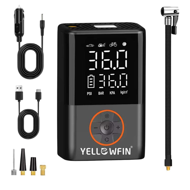 Load image into Gallery viewer, Portable Electric Pump | YELLOWFIN - 150 psi, 4000 MAh Battery, Presta/Schrader, Auto-Cut, LED/Power Bank - MADOVERBIKING
