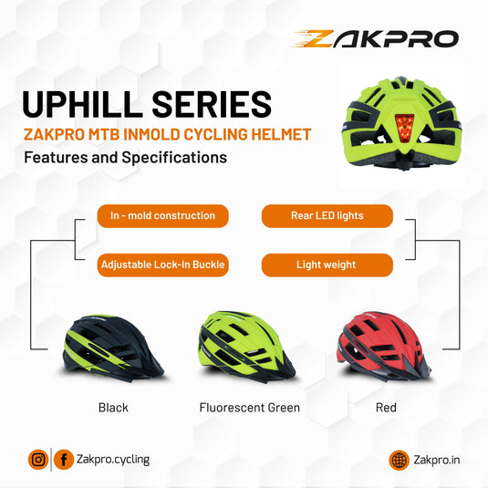 ZAKPRO MTB Inmold Cycling Helmet with Rear LED Flicker Lights - Uphill (SeriesFluorescent Green)