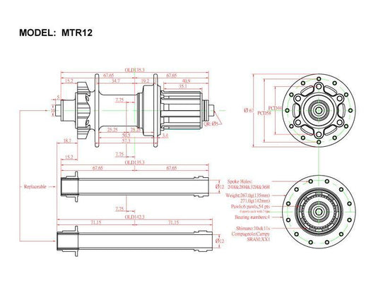 Bitex MTR12 Rear Disc Hub, ISO , Shimano 11s(w/abs)