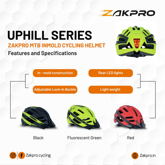 ZAKPRO MTB Inmold Cycling Helmet with Rear LED Flicker Lights - Uphill (SeriesFluorescent Green) - MADOVERBIKING